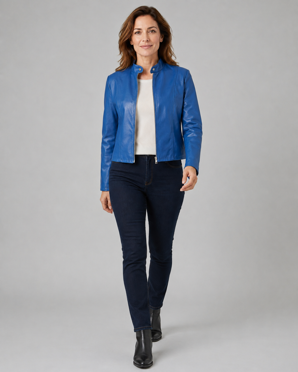 Women's Fitted Cropped Biker Jacket with Stand Collar and Zip Front