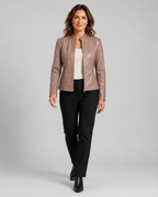 Women's Fitted Cropped Biker Jacket with Stand Collar and Zip Front