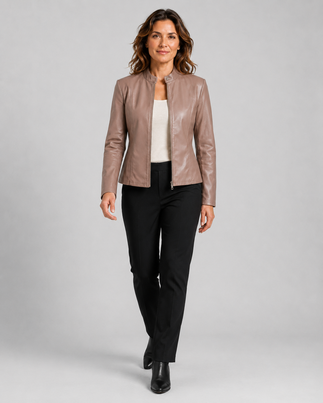 Women's Fitted Cropped Biker Jacket with Stand Collar and Zip Front