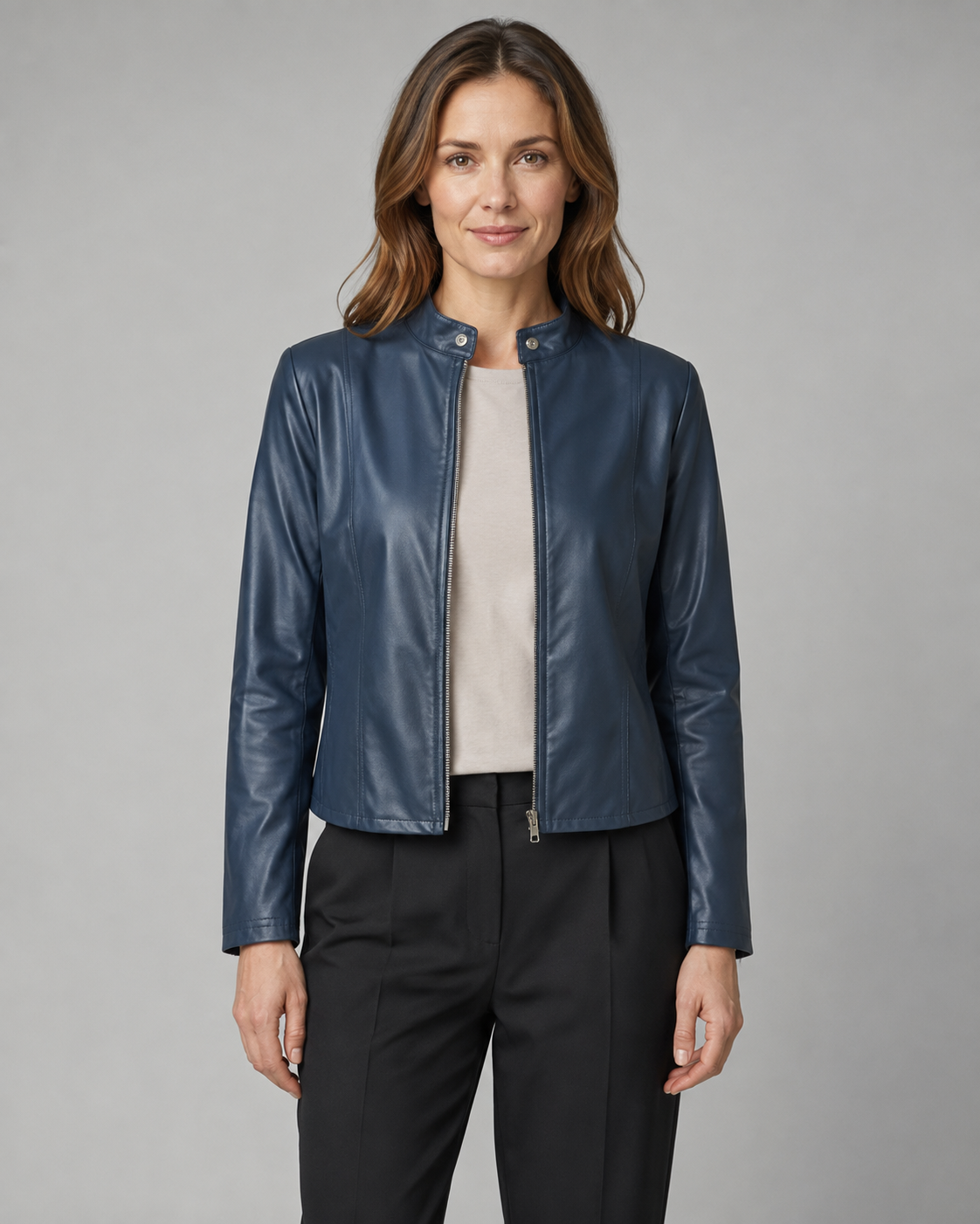 Women's Fitted Cropped Biker Jacket with Stand Collar and Zip Front