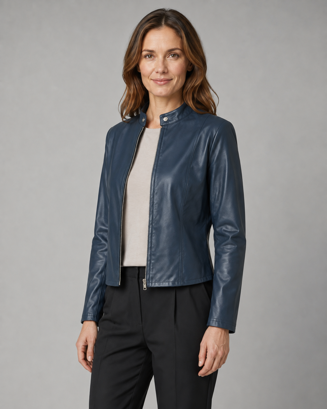 Women's Fitted Cropped Biker Jacket with Stand Collar and Zip Front