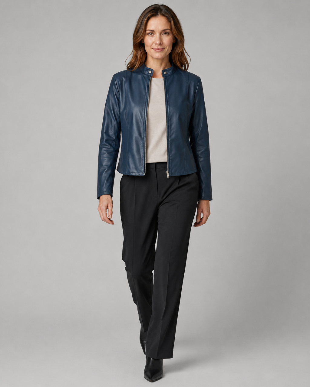Women's Fitted Cropped Biker Jacket with Stand Collar and Zip Front