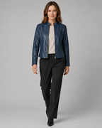 Women's Fitted Cropped Biker Jacket with Stand Collar and Zip Front