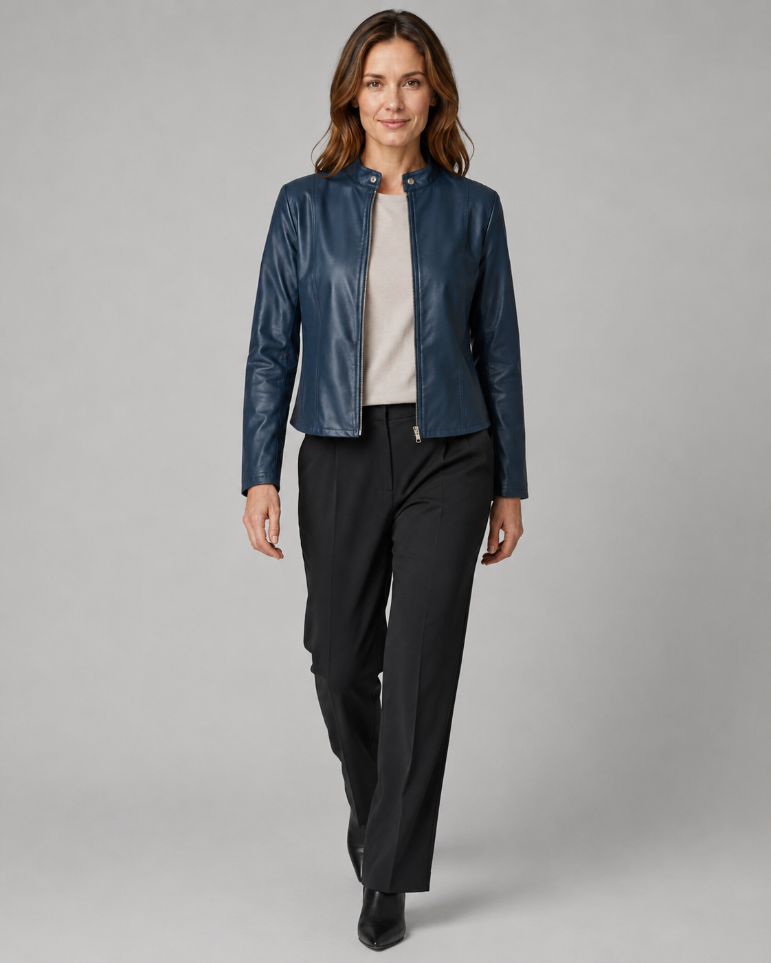 Women's Fitted Cropped Biker Jacket with Stand Collar and Zip Front