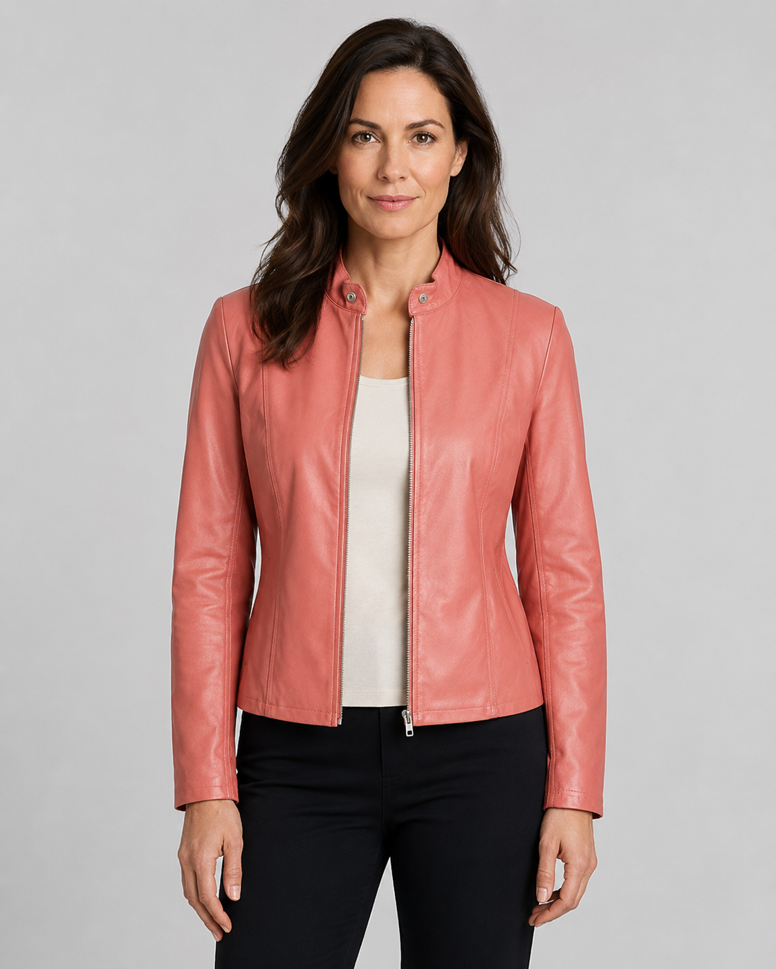 Women's Fitted Cropped Biker Jacket with Stand Collar and Zip Front