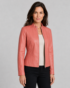 Women's Fitted Cropped Biker Jacket with Stand Collar and Zip Front