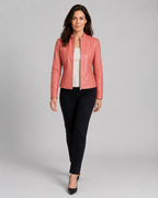 Women's Fitted Cropped Biker Jacket with Stand Collar and Zip Front