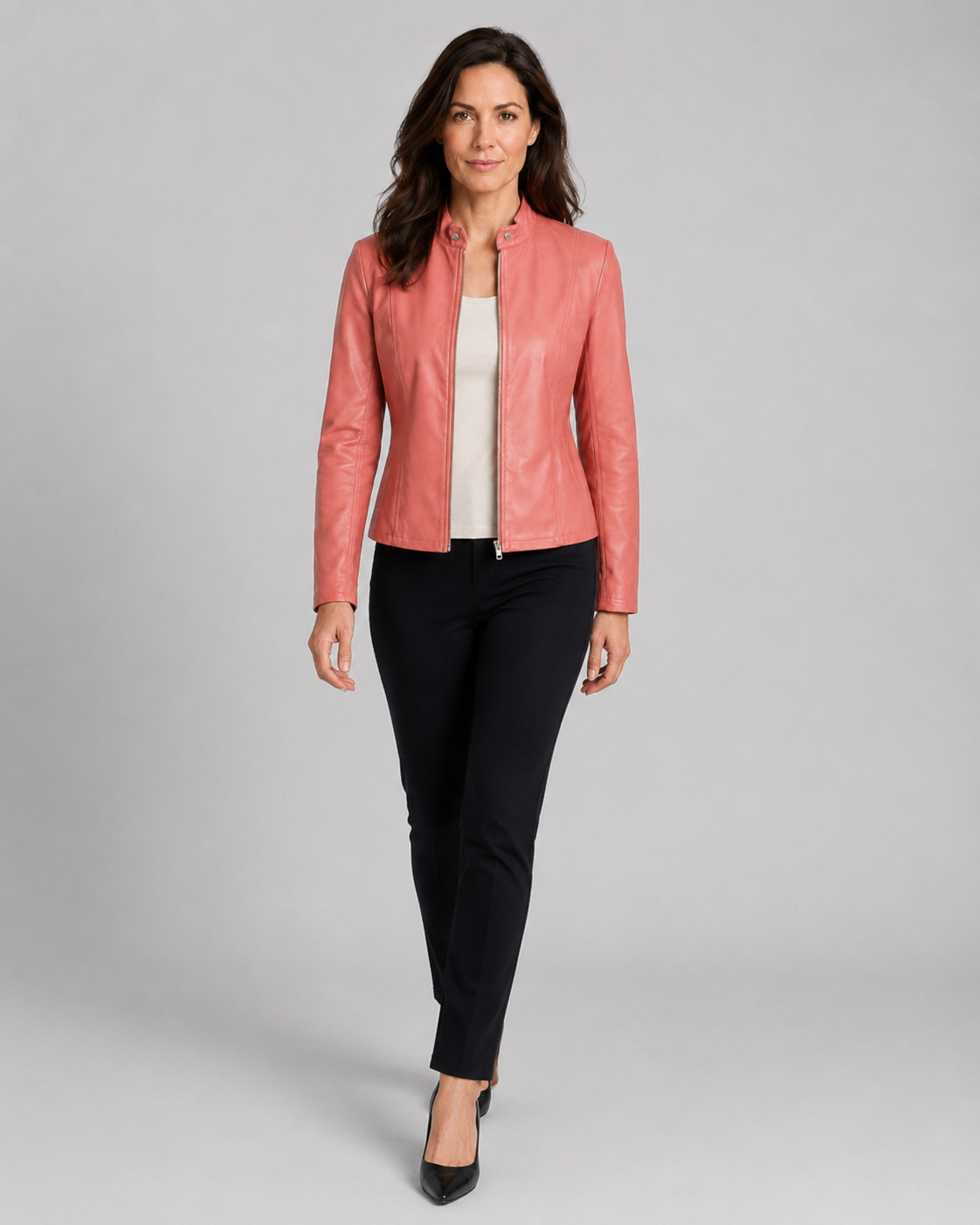 Women's Fitted Cropped Biker Jacket with Stand Collar and Zip Front
