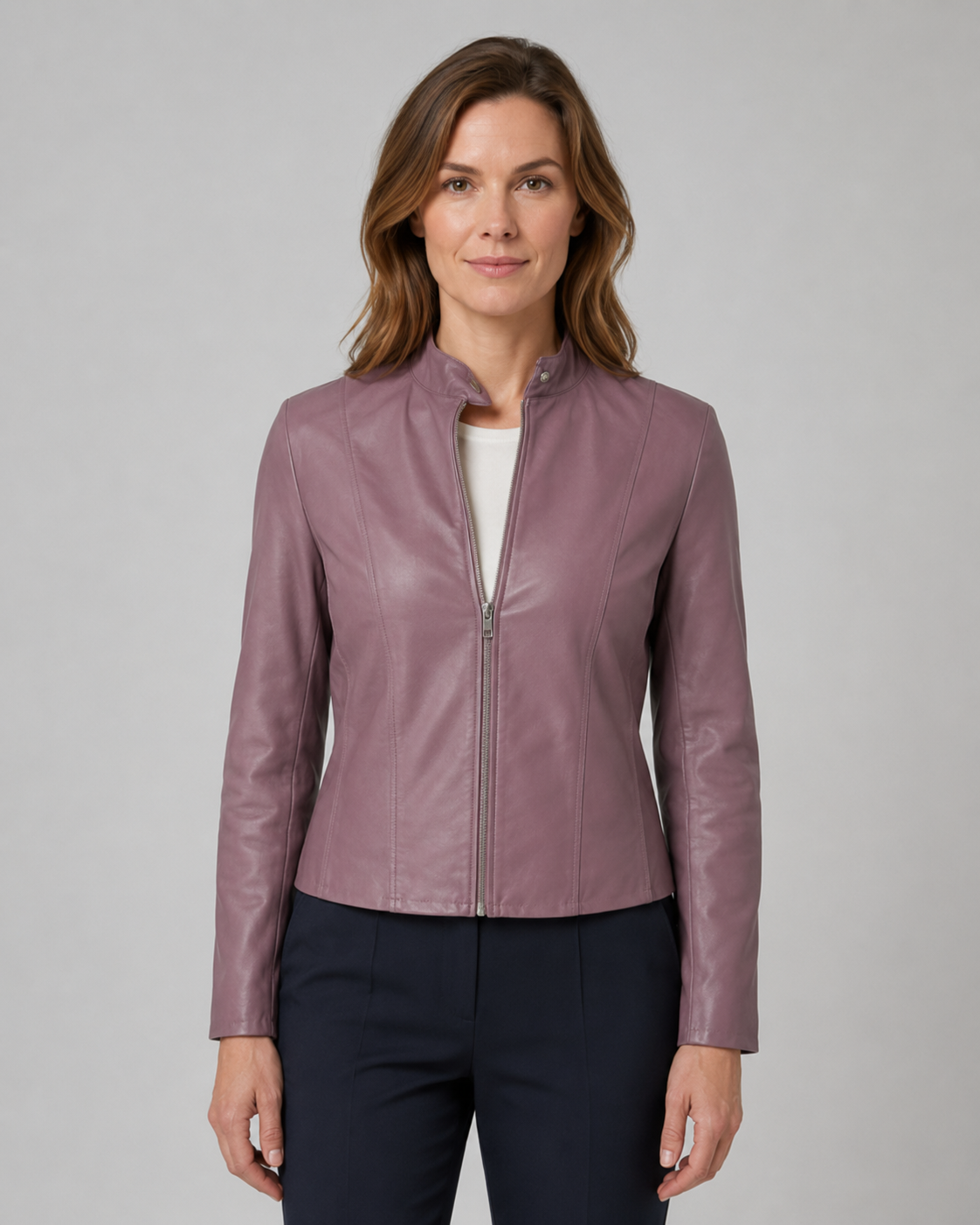 Women's Fitted Cropped Biker Jacket with Stand Collar and Zip Front
