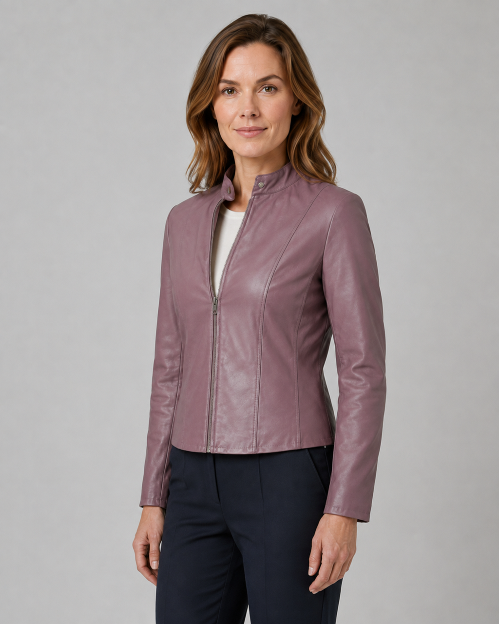 Women's Fitted Cropped Biker Jacket with Stand Collar and Zip Front