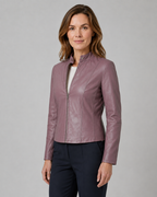 Women's Fitted Cropped Biker Jacket with Stand Collar and Zip Front
