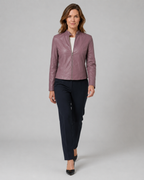 Women's Fitted Cropped Biker Jacket with Stand Collar and Zip Front