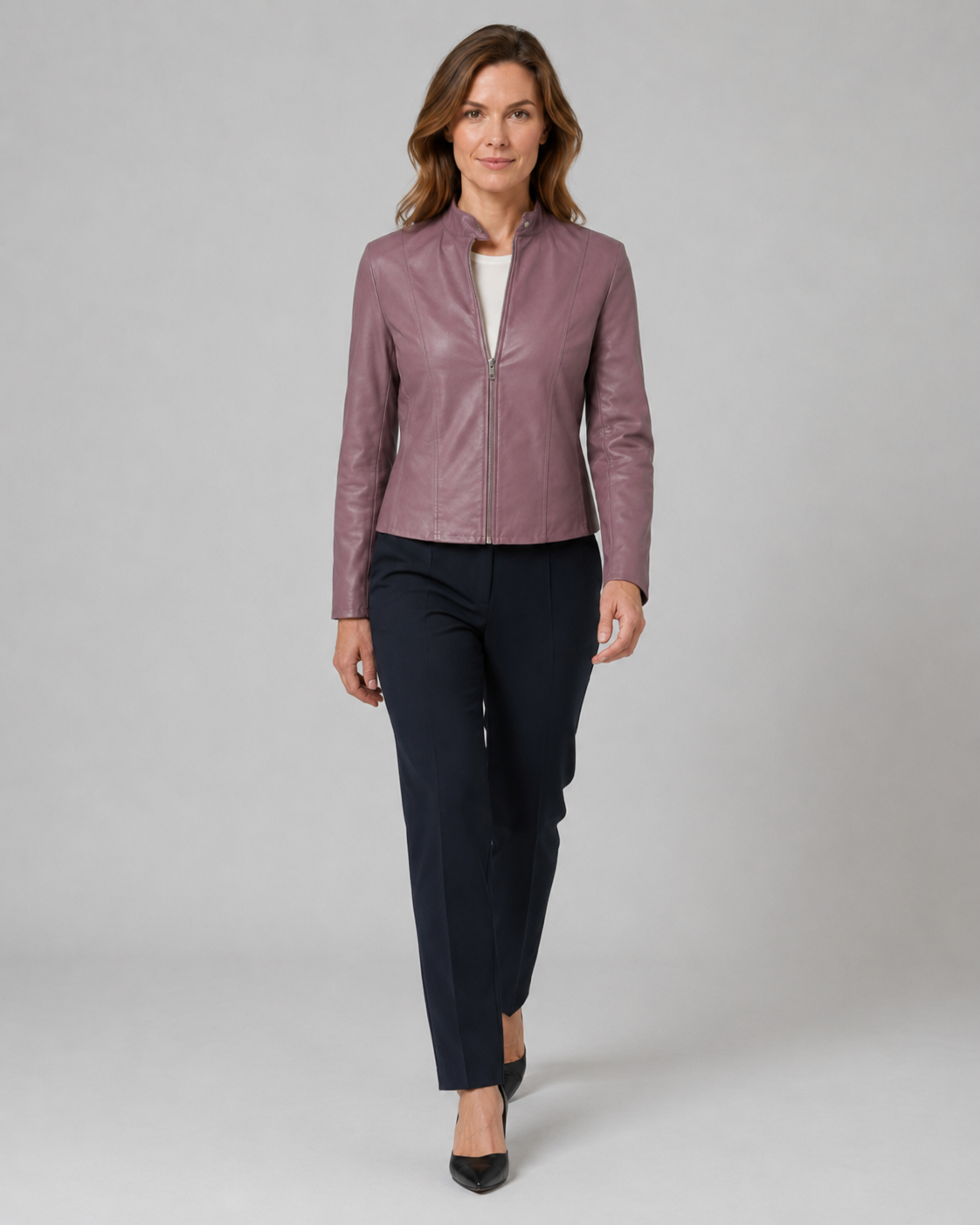 Women's Fitted Cropped Biker Jacket with Stand Collar and Zip Front