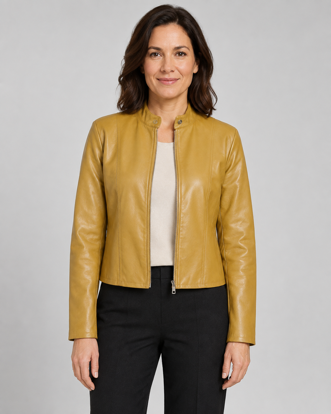 Women's Fitted Cropped Biker Jacket with Stand Collar and Zip Front