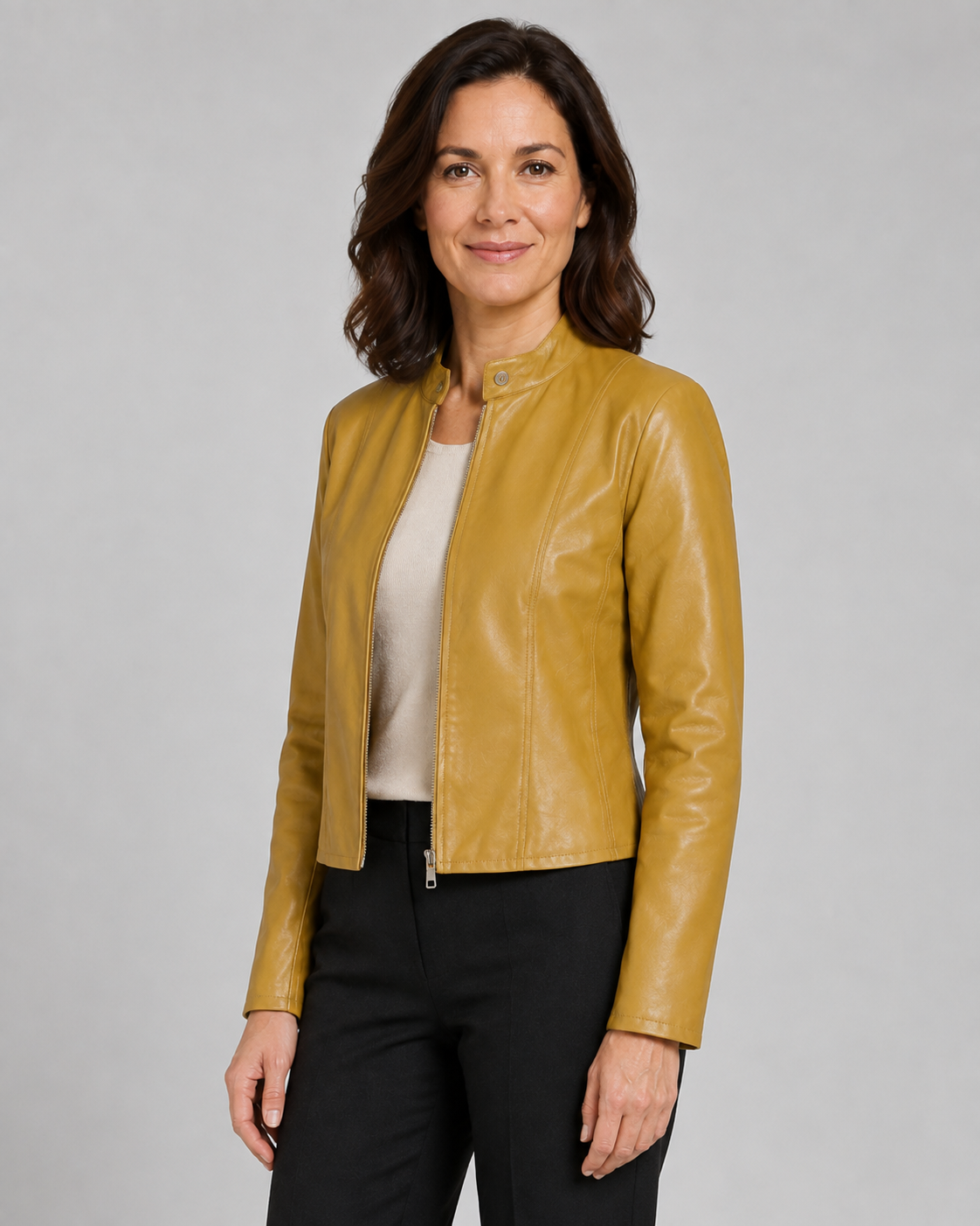 Women's Fitted Cropped Biker Jacket with Stand Collar and Zip Front