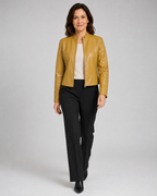 Women's Fitted Cropped Biker Jacket with Stand Collar and Zip Front