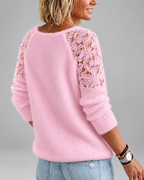 Women's Soft Knit Jumper with Floral Lace Sleeves
