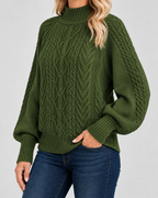 Women's Cable Knit Jumper with High Neck and Balloon Sleeves