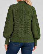 Women's Cable Knit Jumper with High Neck and Balloon Sleeves