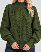 Women's Cable Knit Jumper with High Neck and Balloon Sleeves