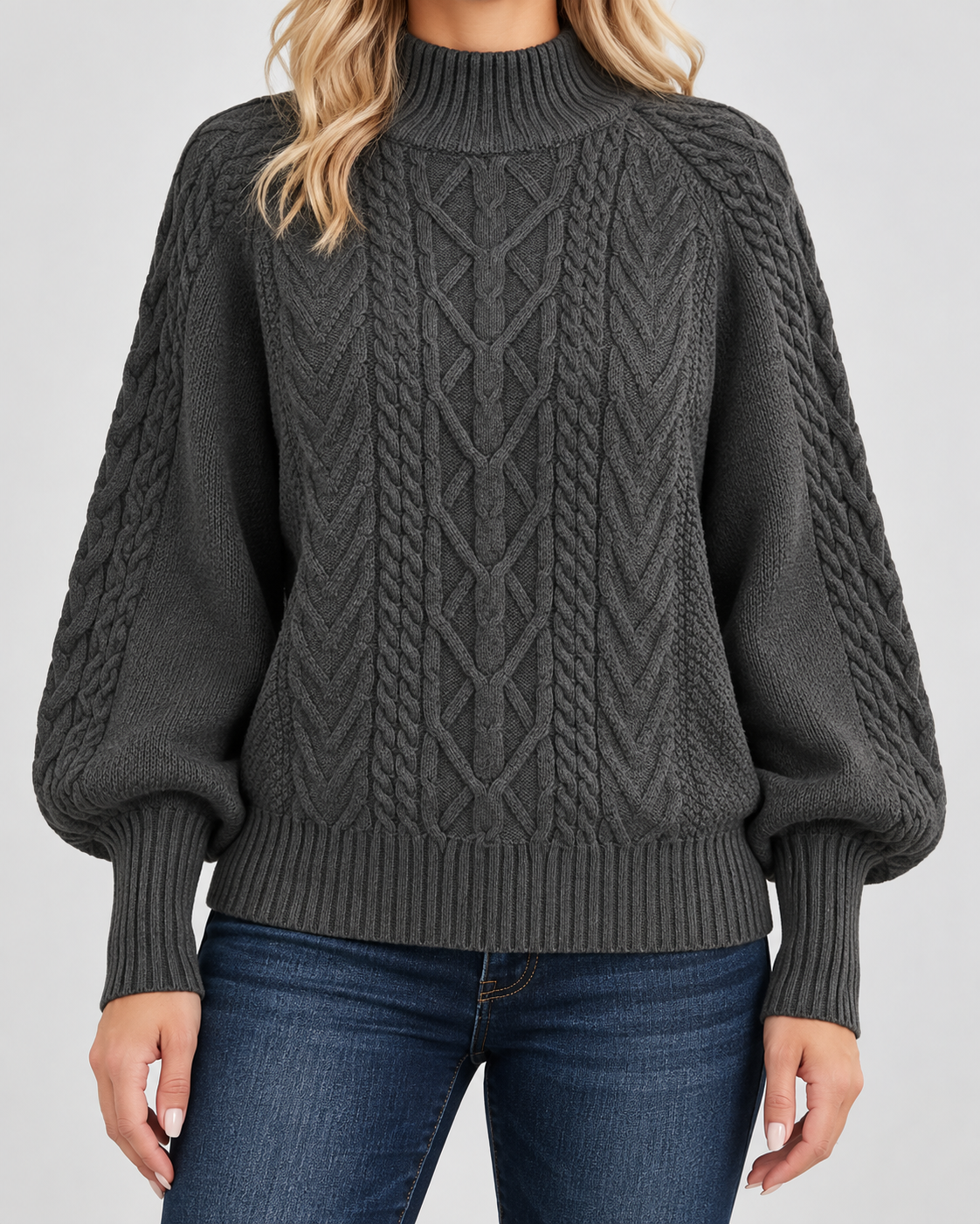Women's Cable Knit Jumper with High Neck and Balloon Sleeves
