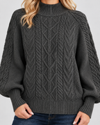Women's Cable Knit Jumper with High Neck and Balloon Sleeves