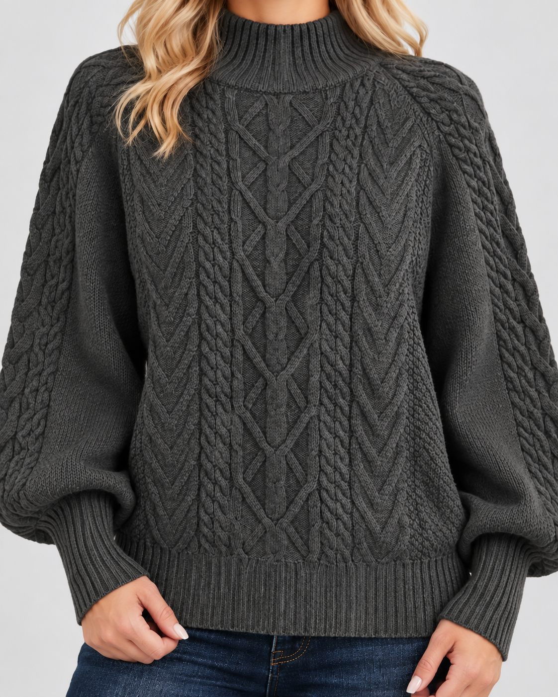 Women's Cable Knit Jumper with High Neck and Balloon Sleeves