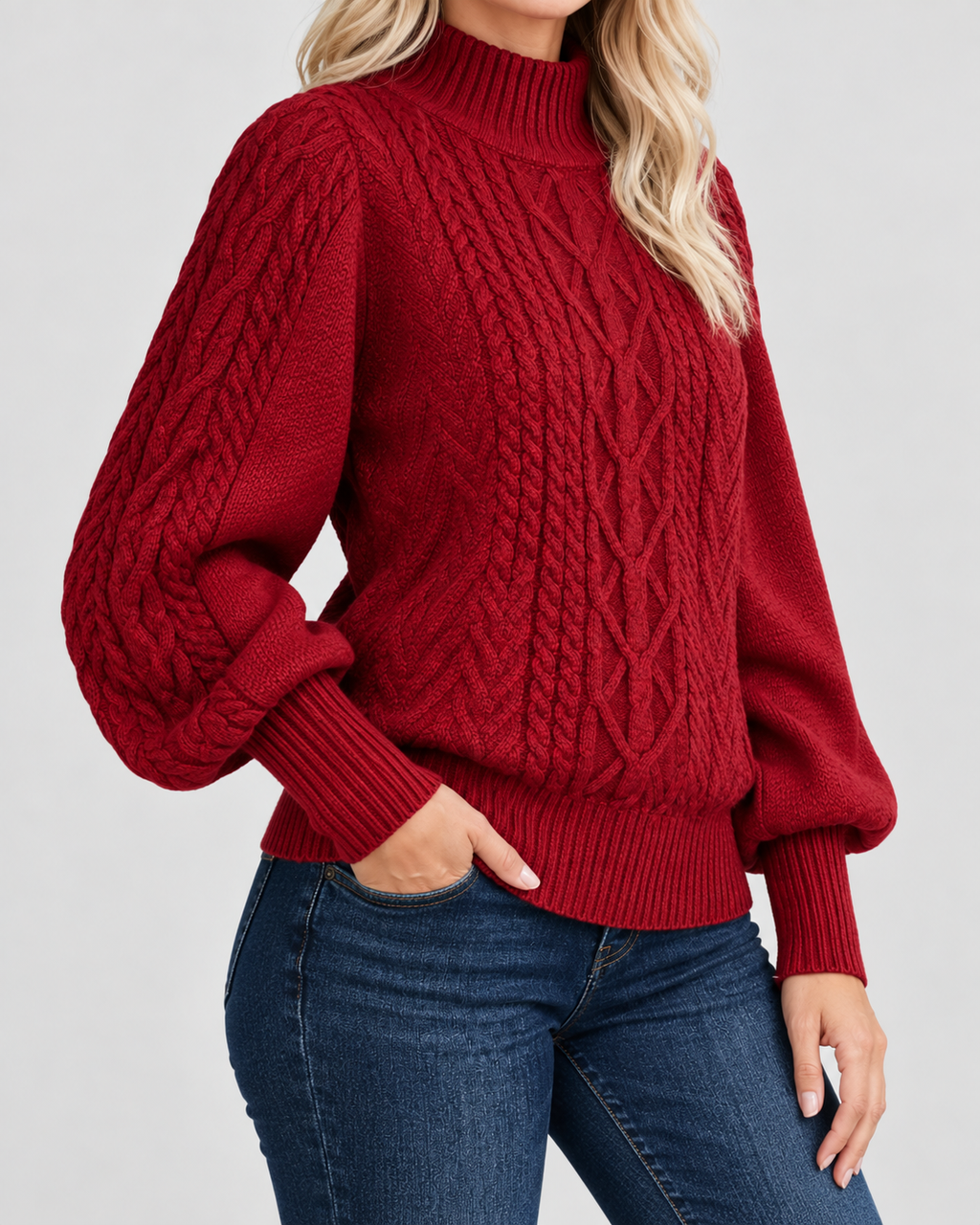 Women's Cable Knit Jumper with High Neck and Balloon Sleeves