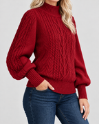 Women's Cable Knit Jumper with High Neck and Balloon Sleeves