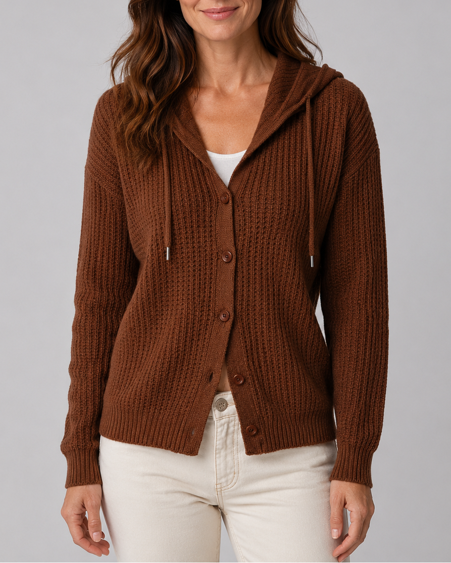 Women's Hooded Button Front Textured Ribbed Knit Cardigan