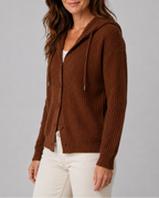 Women's Hooded Button Front Textured Ribbed Knit Cardigan