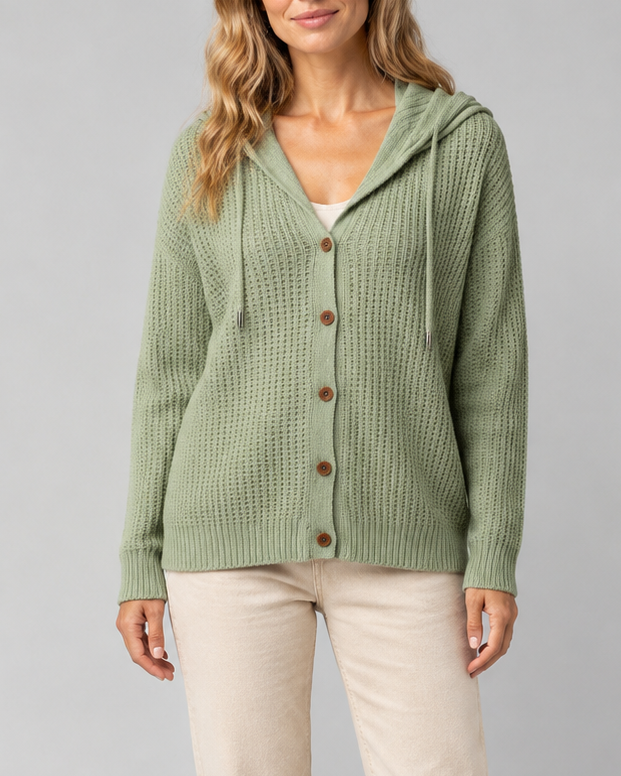 Women's Hooded Button Front Textured Ribbed Knit Cardigan