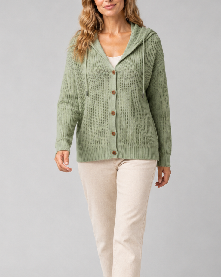 Women's Hooded Button Front Textured Ribbed Knit Cardigan