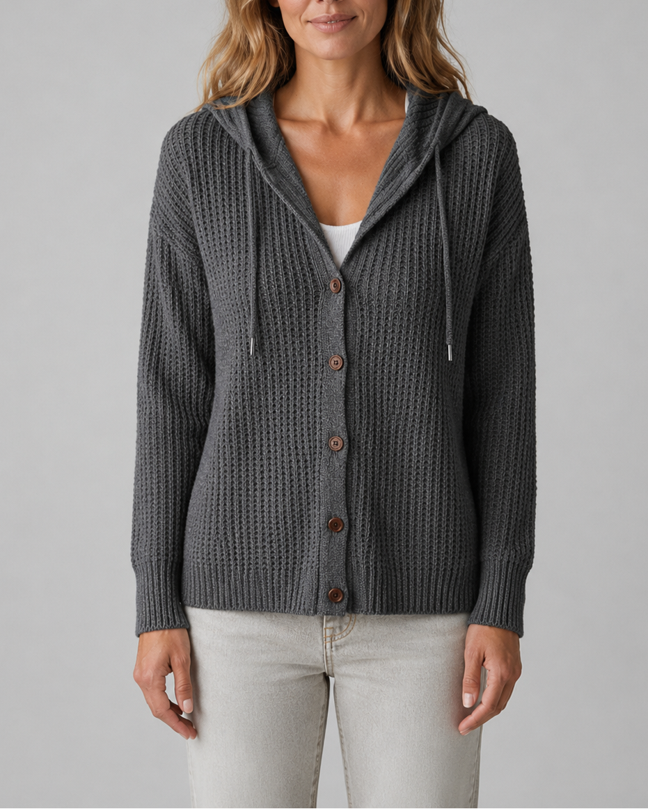 Women's Hooded Button Front Textured Ribbed Knit Cardigan
