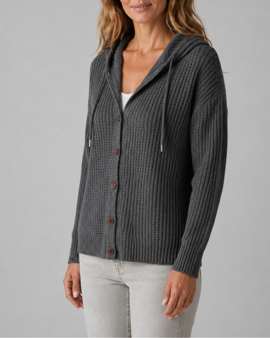 Women's Hooded Button Front Textured Ribbed Knit Cardigan