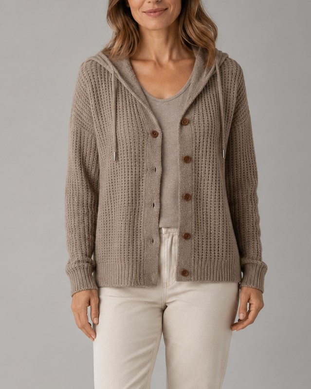 Women's Hooded Button Front Textured Ribbed Knit Cardigan