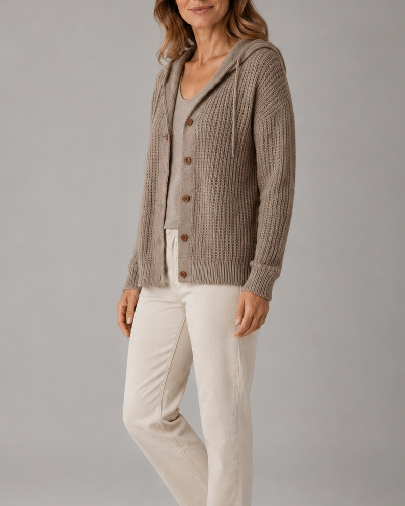Women's Hooded Button Front Textured Ribbed Knit Cardigan