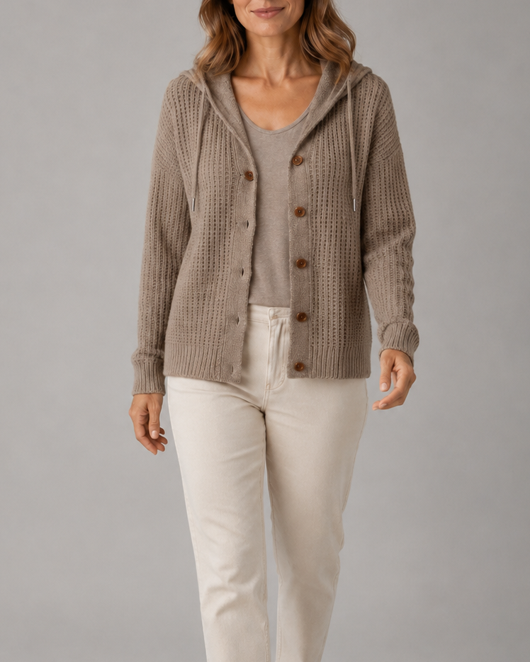 Women's Hooded Button Front Textured Ribbed Knit Cardigan