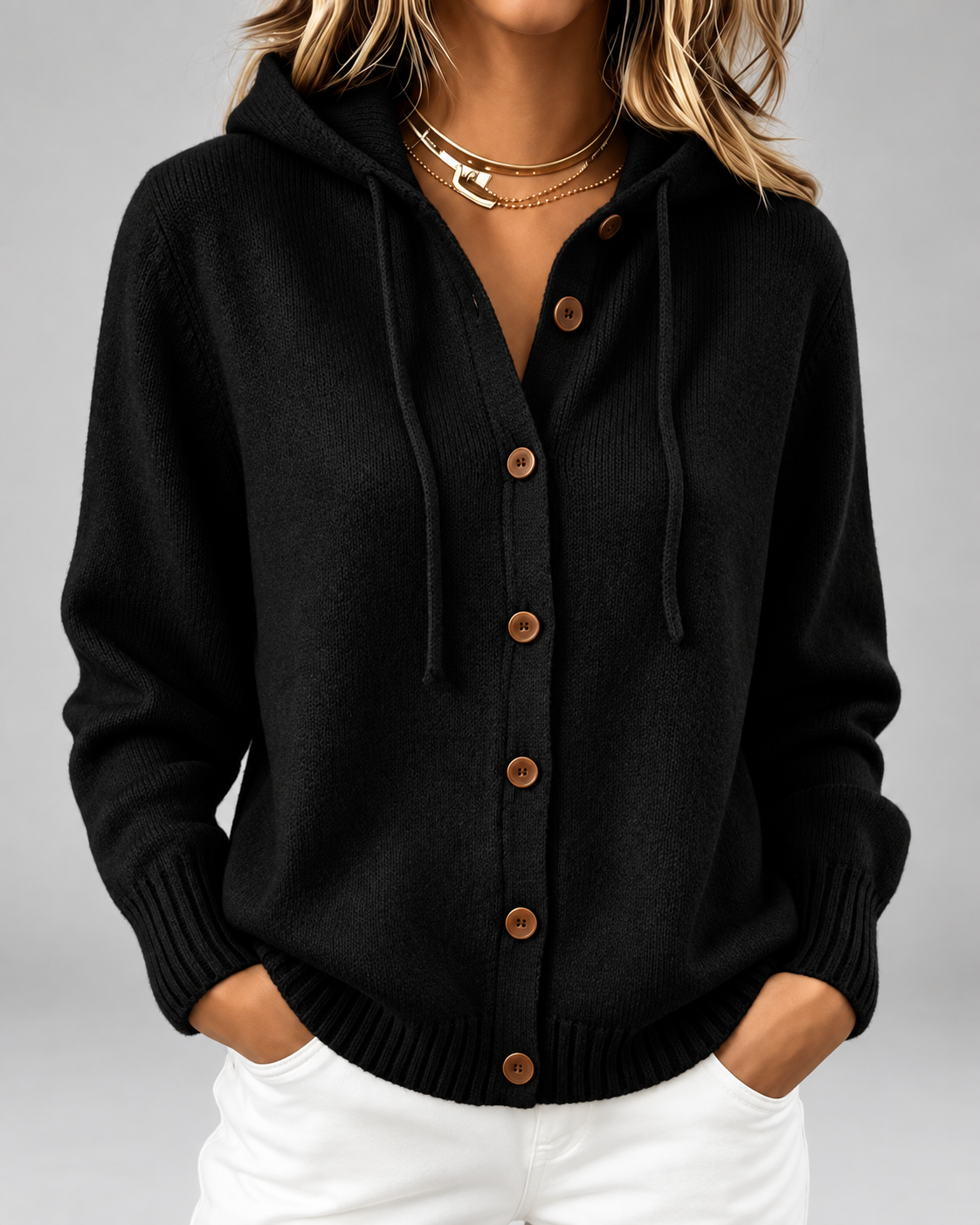 Women's Hooded Knit Cardigan with Button Front and Drawstring Hood