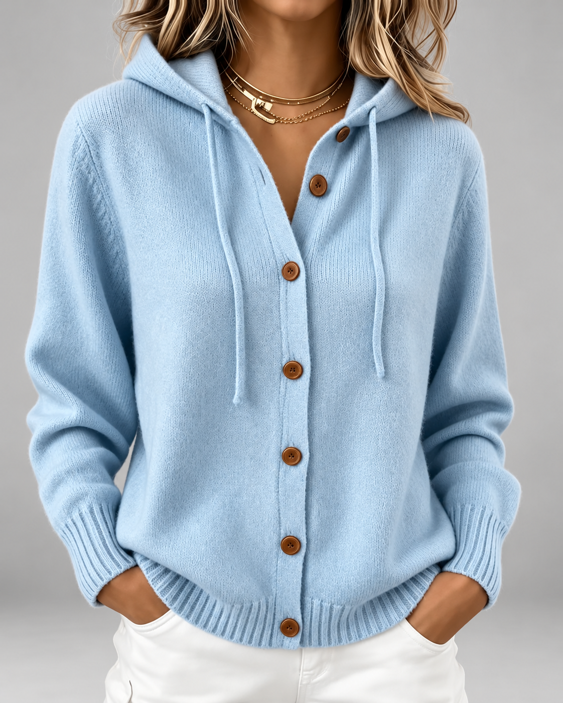 Women's Hooded Knit Cardigan with Button Front and Drawstring Hood