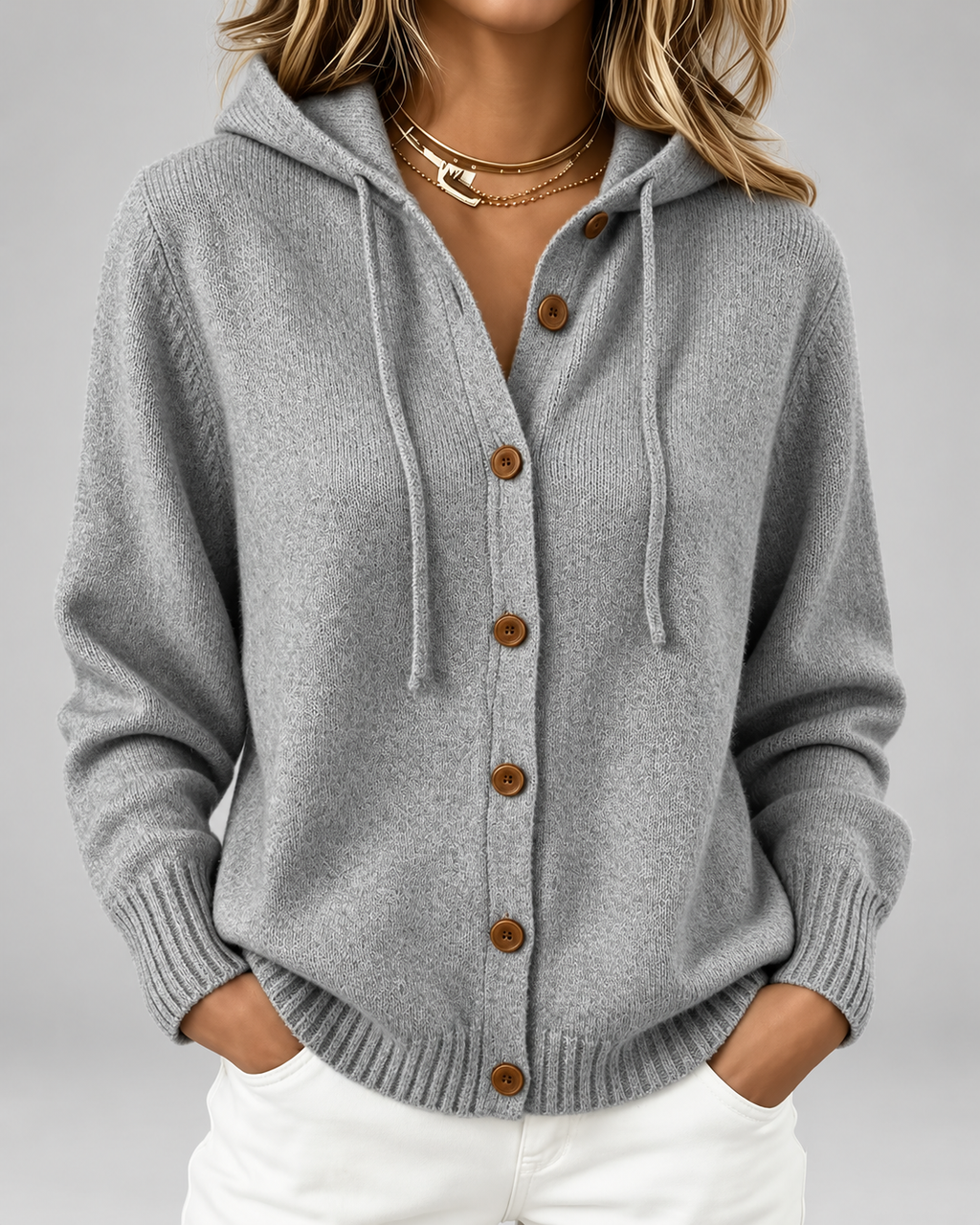 Women's Hooded Knit Cardigan with Button Front and Drawstring Hood