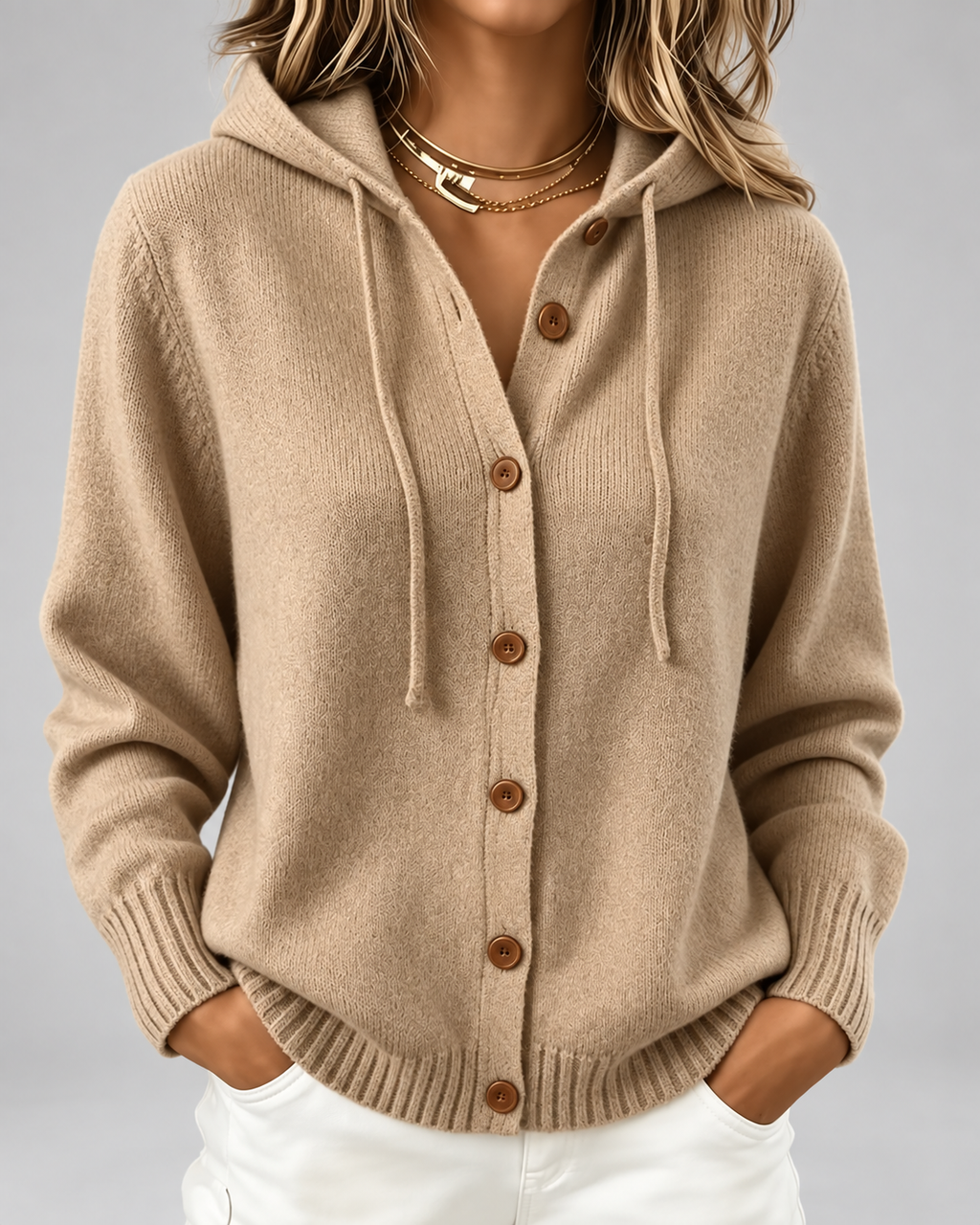 Women's Hooded Knit Cardigan with Button Front and Drawstring Hood