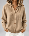Women's Hooded Knit Cardigan with Button Front and Drawstring Hood