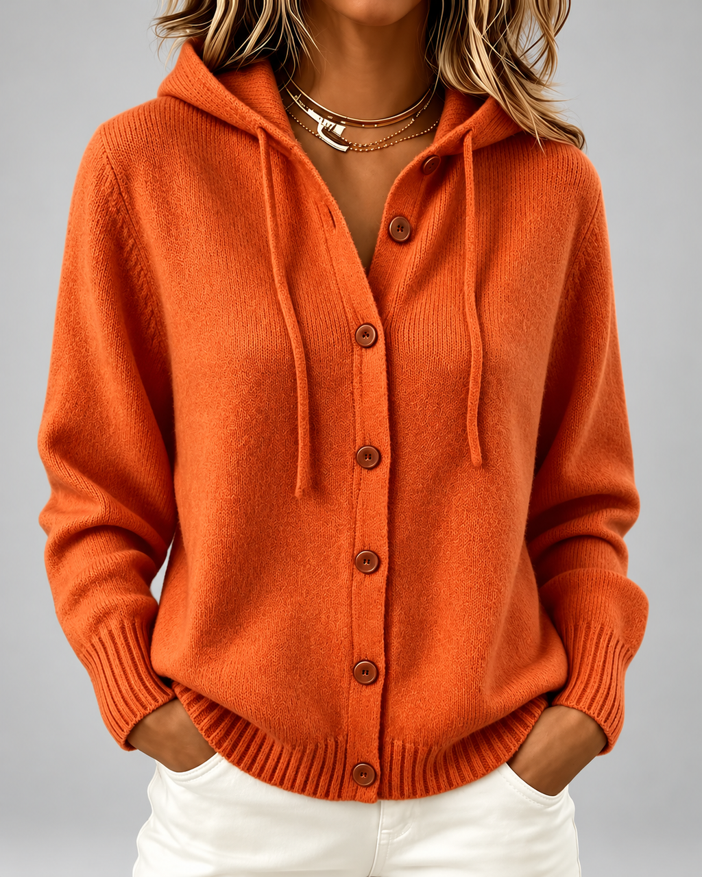 Women's Hooded Knit Cardigan with Button Front and Drawstring Hood