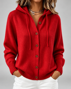 Women's Hooded Knit Cardigan with Button Front and Drawstring Hood