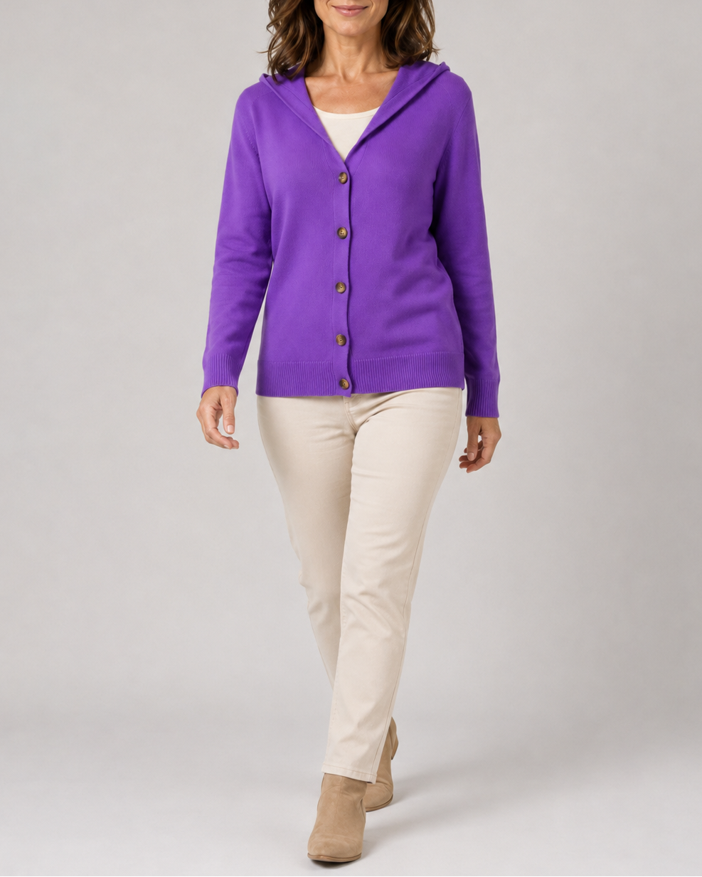 Women's Hooded Button Front Long Sleeve Knit Cardigan
