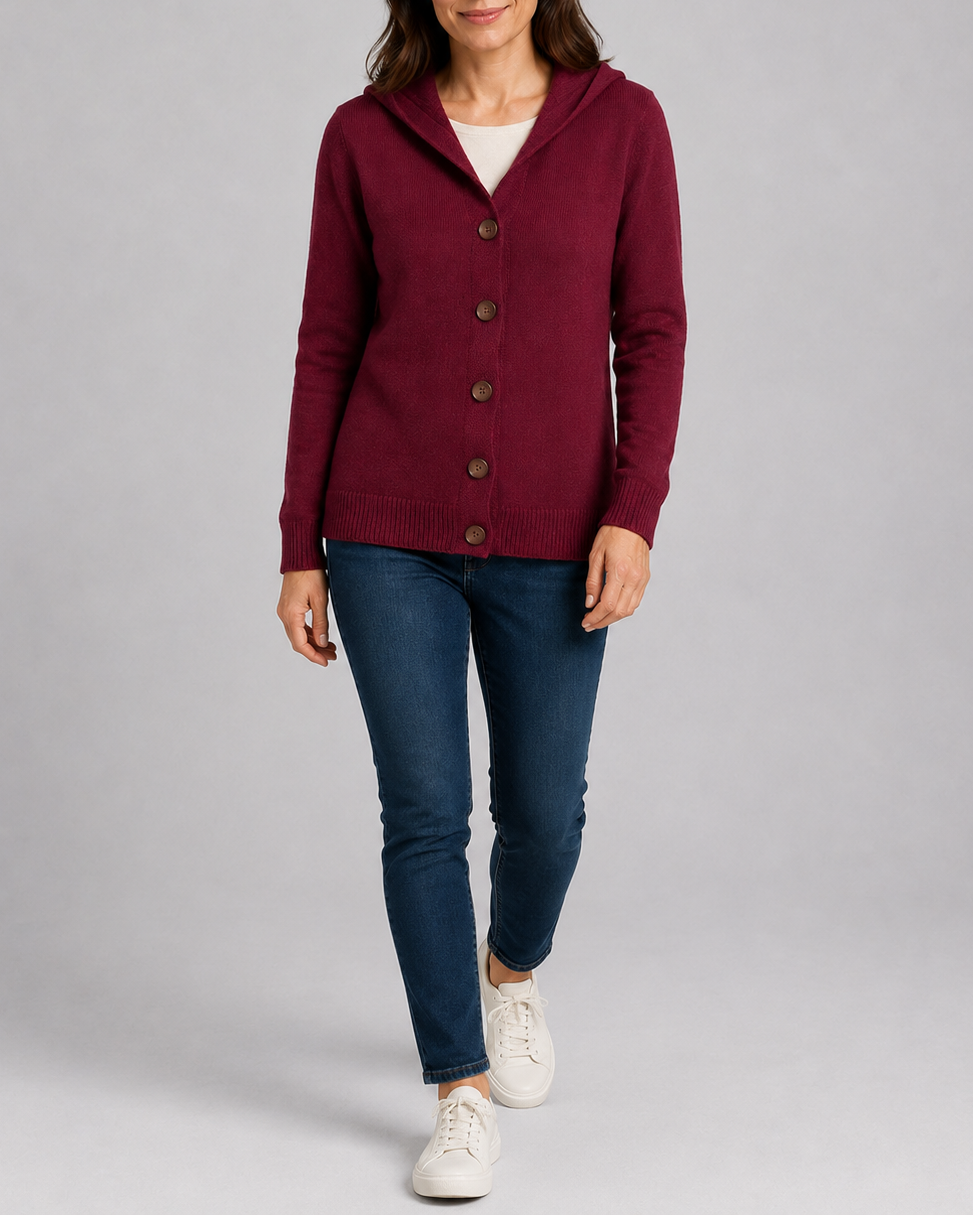 Women's Hooded Button Front Long Sleeve Knit Cardigan