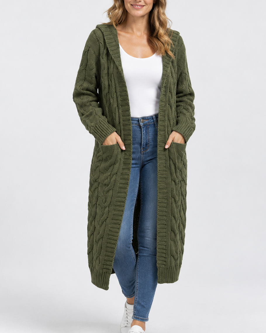 Women's Longline Cable Knit Cardigan with Hood and Open Front