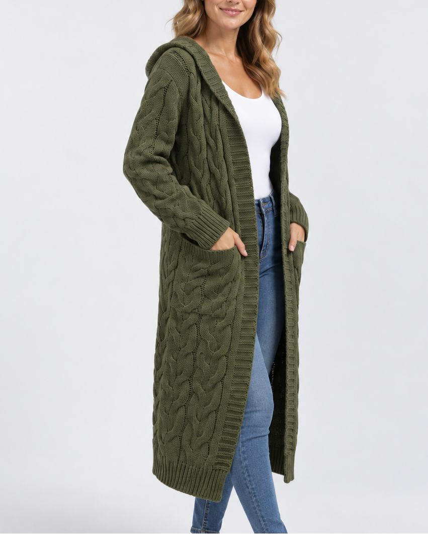 Women's Longline Cable Knit Cardigan with Hood and Open Front