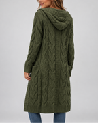 Women's Longline Cable Knit Cardigan with Hood and Open Front